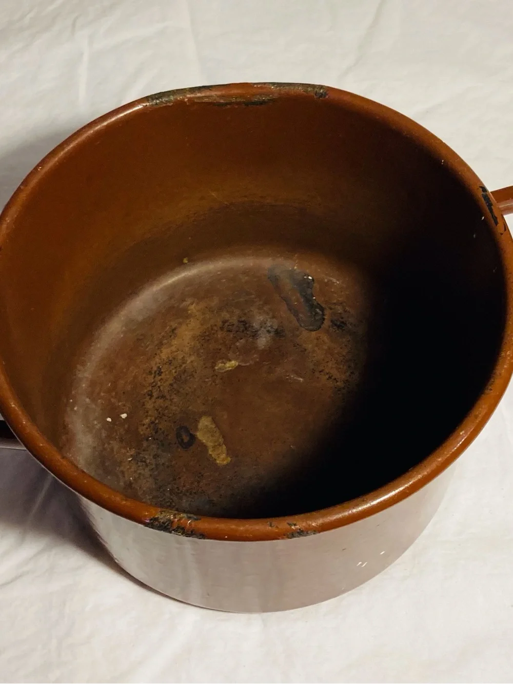 Vintage large enamelware pot in chocolate brown two handles artist paint studio